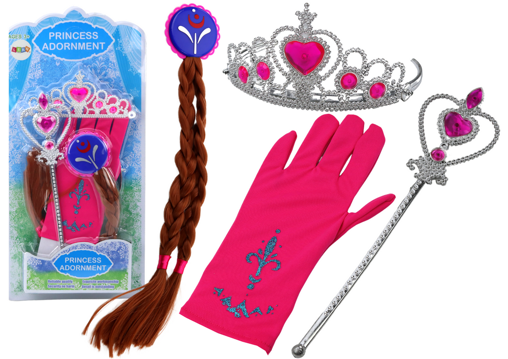 Sada princezniných doplňků LEAN Toys - hůlka, rukavičky, koruna a spona s copánky pro děti od 3 let
