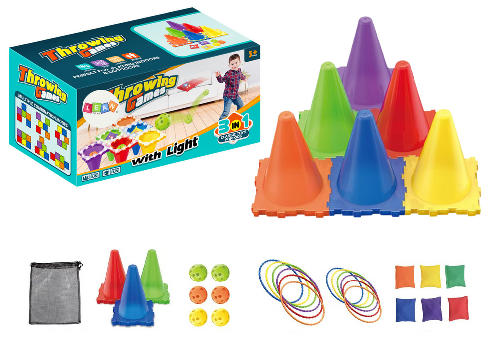 Sada Sportovných Dovednostných Hier Hádzanie na Cieľ 3v1 LEAN Toys s kužeľmi a príslušenstvom pre deti od 3 rokov