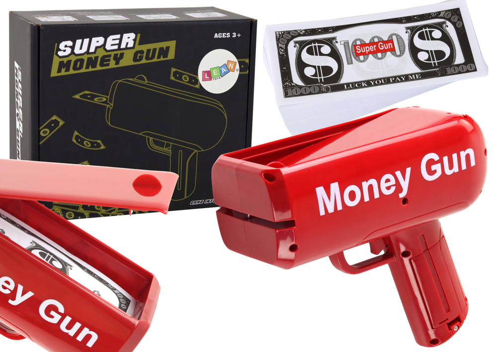 Střílecí pistole na peníze červená vystřelovač Money Gun bankovky