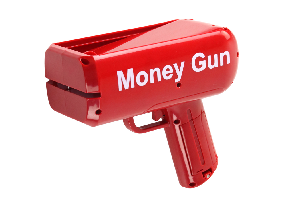 Střílečka na peníze červená vystřelovač Money Gun bankovky — Detail