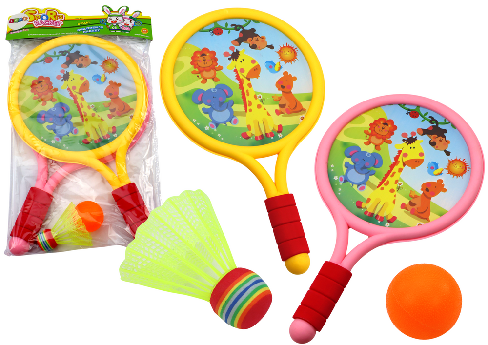 Detské badmintonové rakety Zvířátka LEAN Toys, žlto-ružová sada s loptičkou a košíkom, od 3 rokov