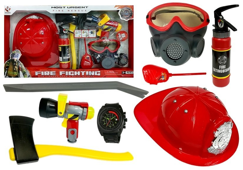 Hasičská sada LEAN Toys – helma, sekera, maska a další doplňky červené — Celkový pohled