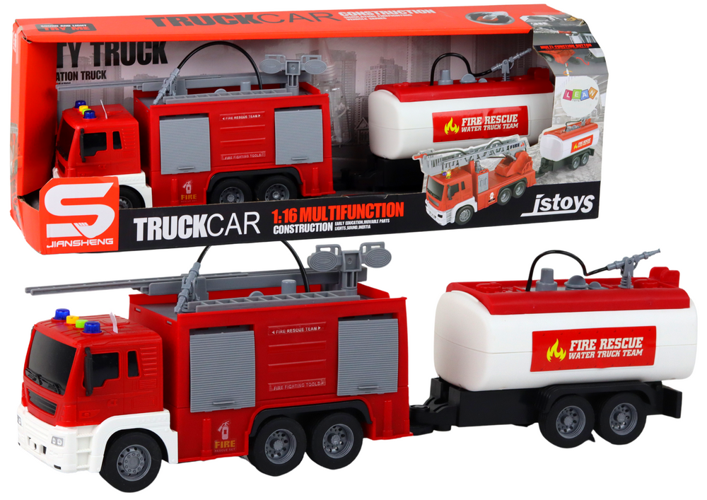 Hasičské Auto s Přívěsem LEAN Toys 1:16 se Zvuky a Světly a Vodní Stříkací Funkcí