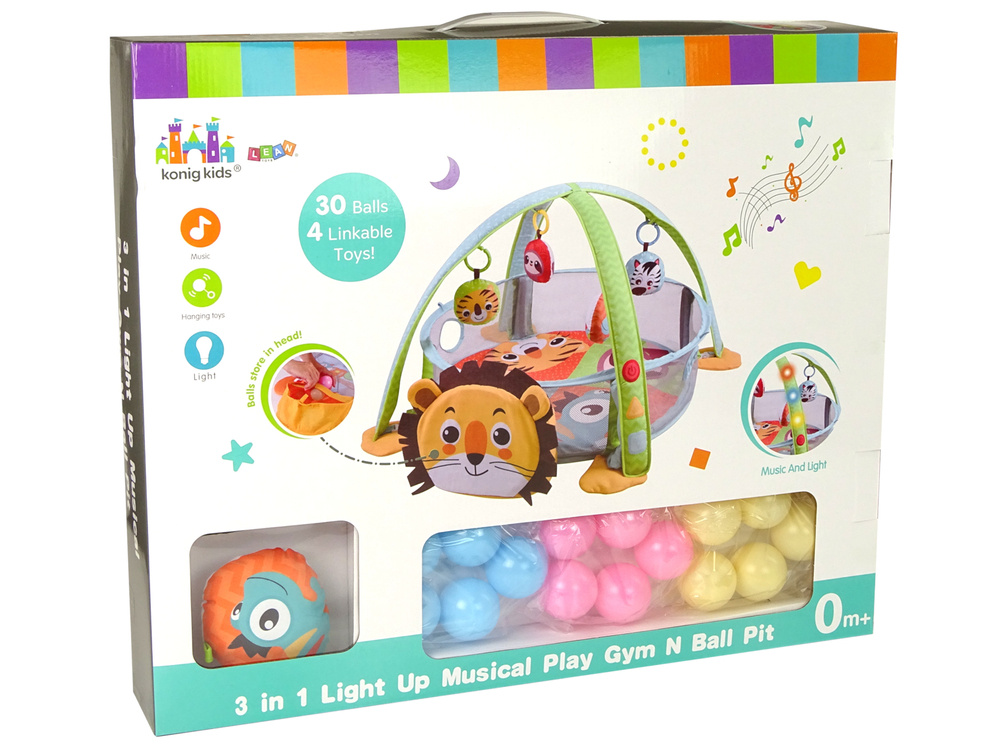 Vzdělávací hrací deka Lev LEAN Toys, 96 x 66 x 52 cm, pro děti od 0 měsíců, s míčky a zvukovými efekty — V provozu
