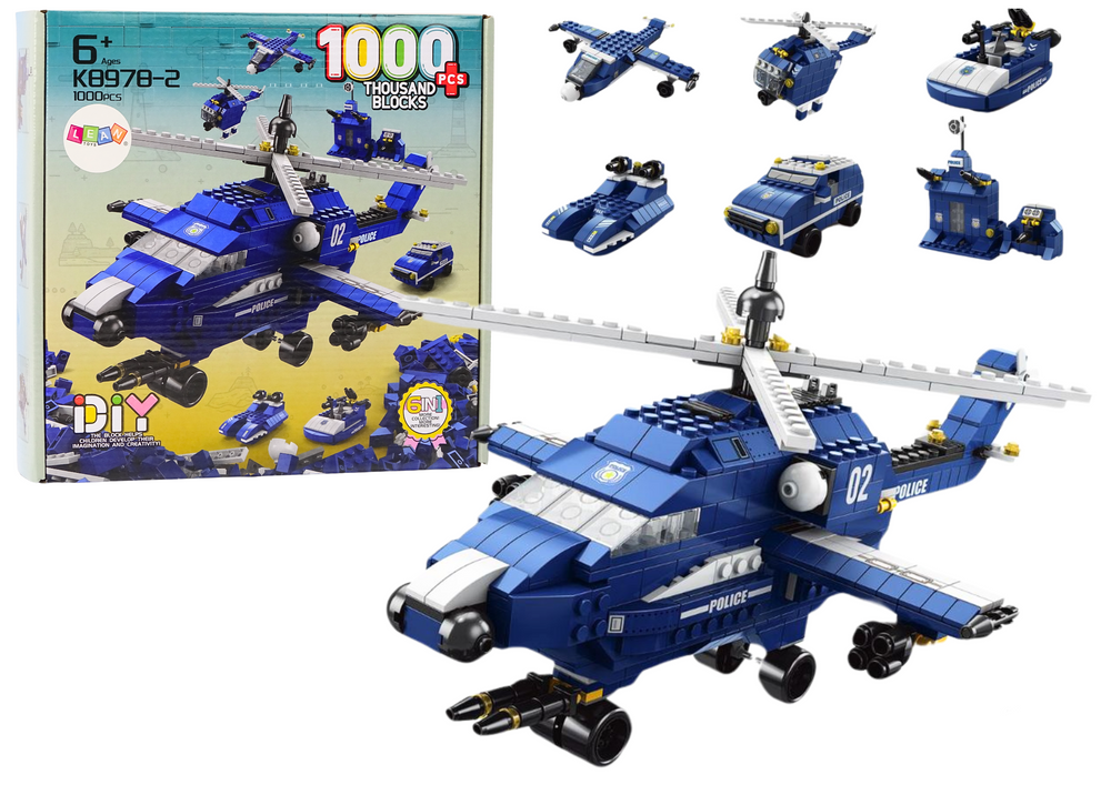 Policejní Stavebnice Vrtulník Helikoptéra 6v1 Modrá 1000dílků