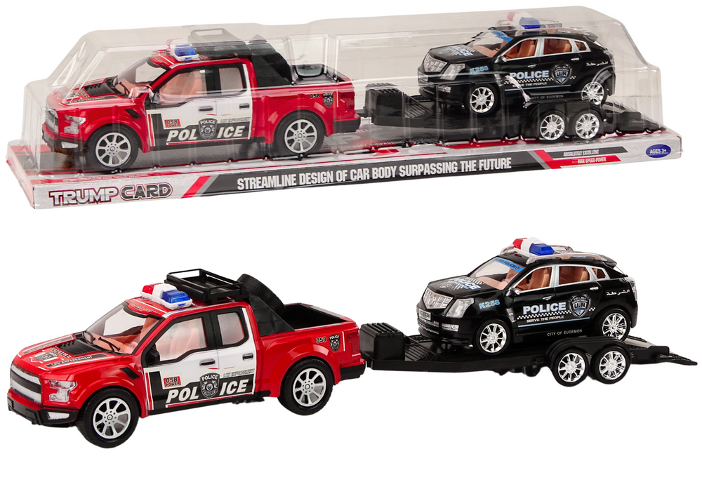 Policejní pickup s přepravní vlečkou a terénním vozem LEAN Toys - frikční pohon 60cm