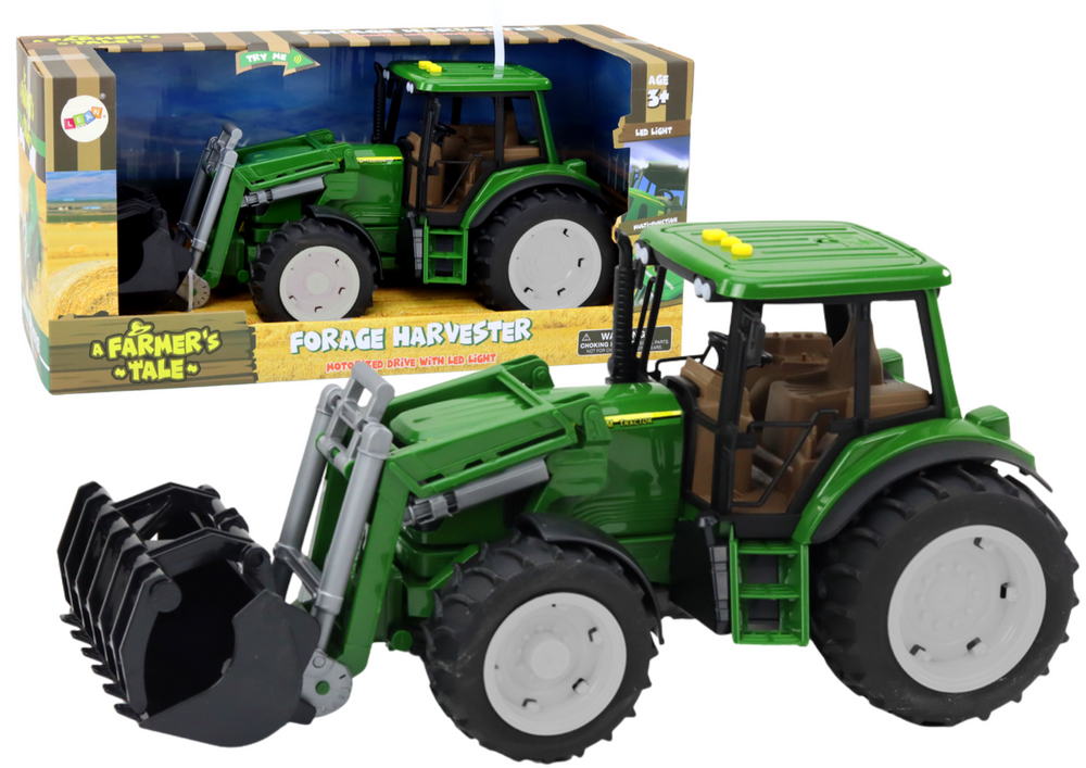 Zelený zemědělský traktor s bagrem, světly a zvuky