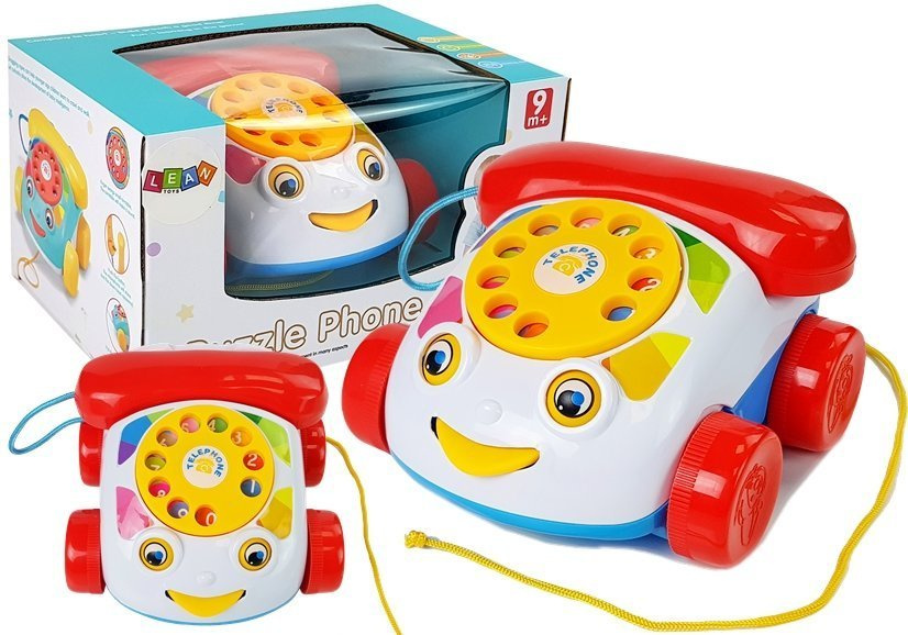 Dětský vlečný telefon na kolečkách se sluchátkem na baterie LEAN Toys s rozvojem manuálních schopností a rozlišování barev pro děti od 9 měsíců — Celkový pohled