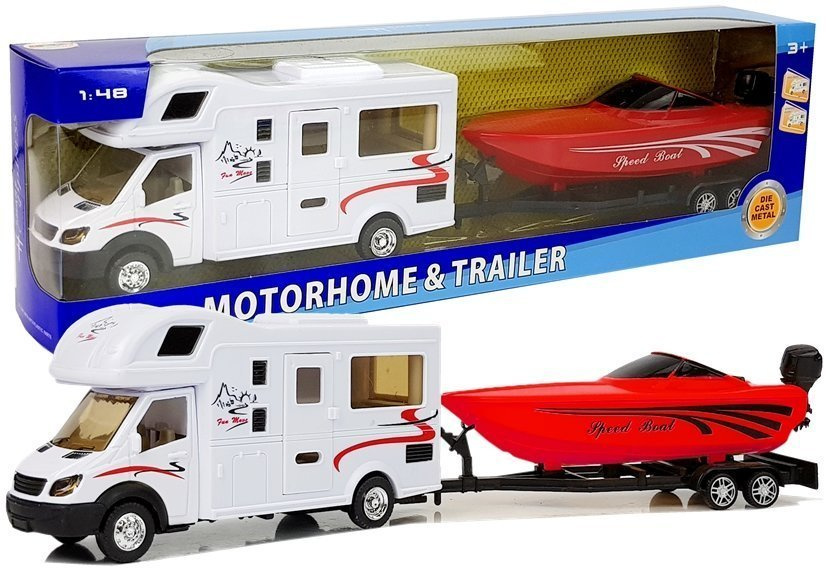 Karavan s červeným motorovým člnom LEAN Toys v mierke 1:48 so zotrvačným pohonom pre deti od 3 rokov