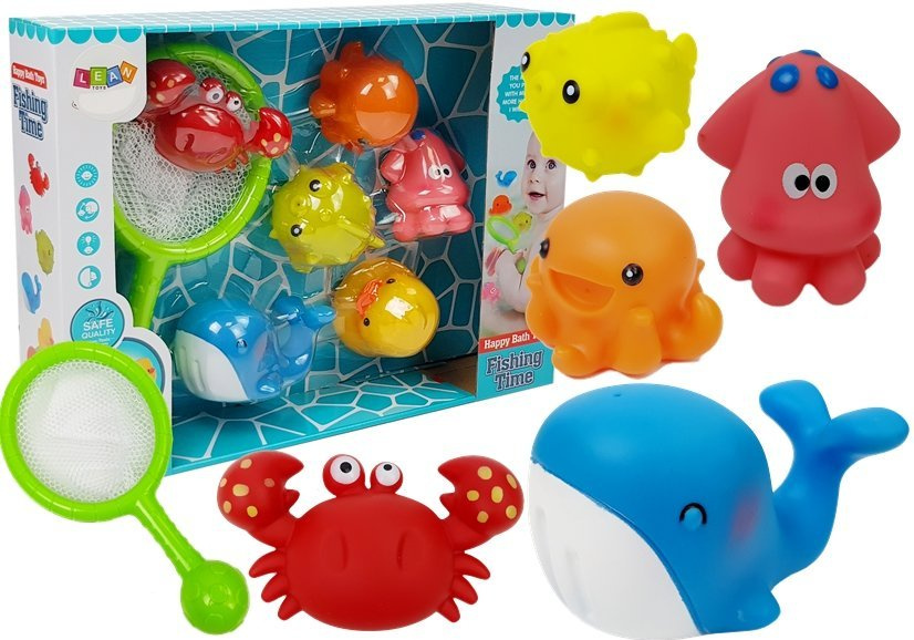 Sada koupelových hraček LEAN Toys Vodní zvířátka sít delfín krab — Celkový pohled