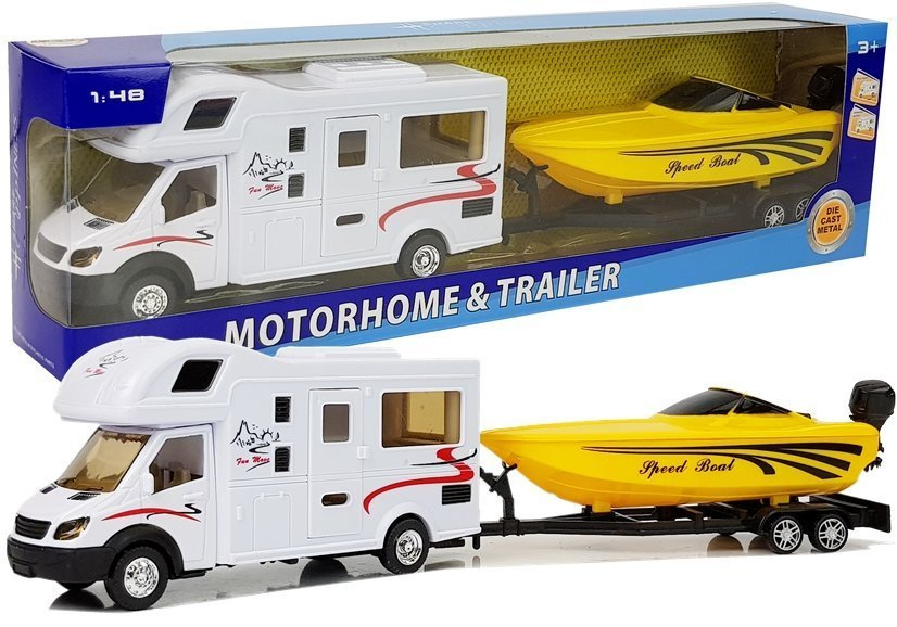 Karavan s motorovým člnom LEAN Toys v mierke 1:48 so zotrvačným pohonom pre deti od 3 rokov
