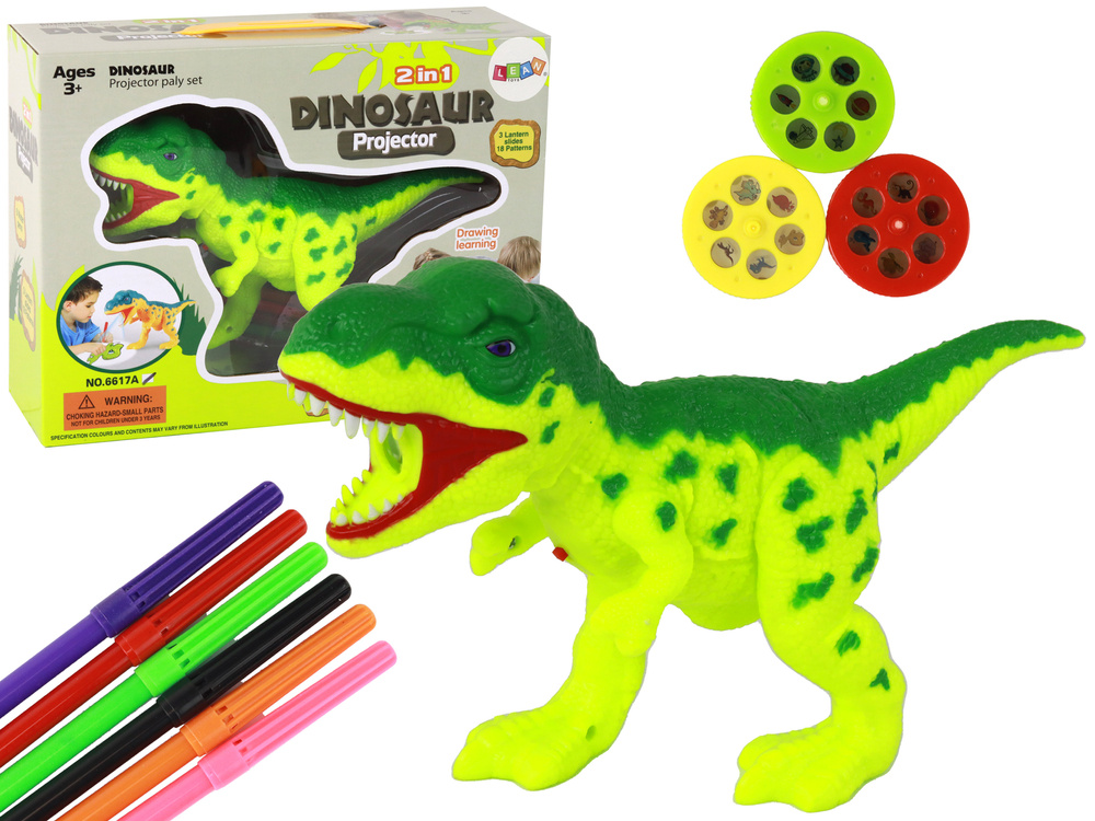 Projektor Dinosaurus LEAN Toys s fixami a 18 obrázkami pre maľovanie a vyfarbovanie