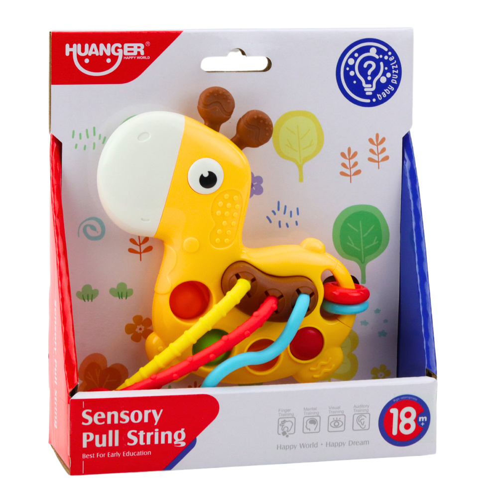 Tahací žlutá smyslová hračka Žirafa s šňůrkami LEAN Toys 18m + 17 x 6 x 20 cm — Detail