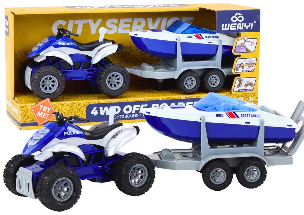 Policejní čtyřkolka s přívěsem pro převoz lodě a motorového člunu