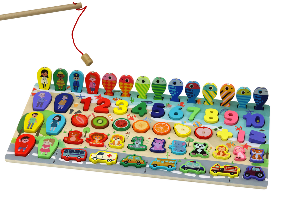 Dřevěný edukační panel, sorter, barevná tabule s 59 prvky pro výuku