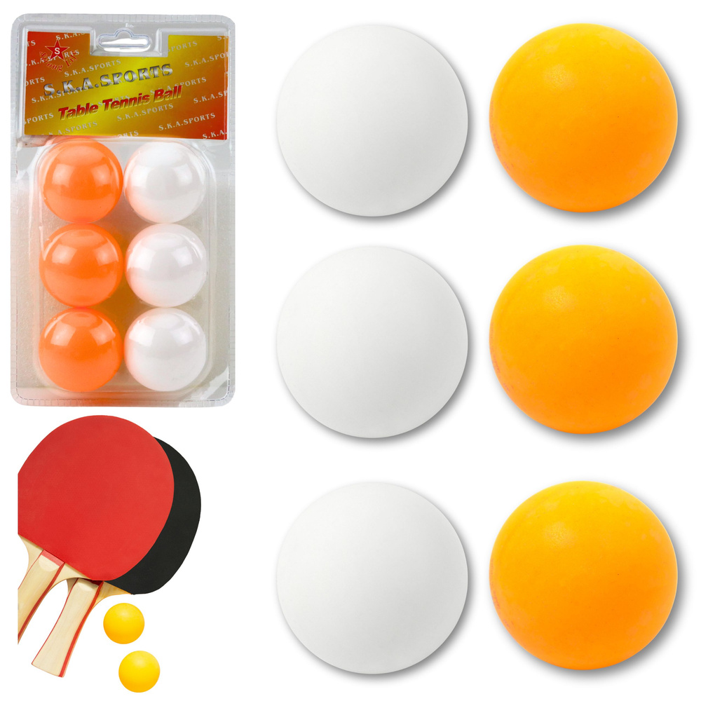 Pingpongové míčky LEAN Toys, sada 6 ks, bílá/oranžová, pro vnitřní i venkovní hru, od 3 let — Celkový pohled