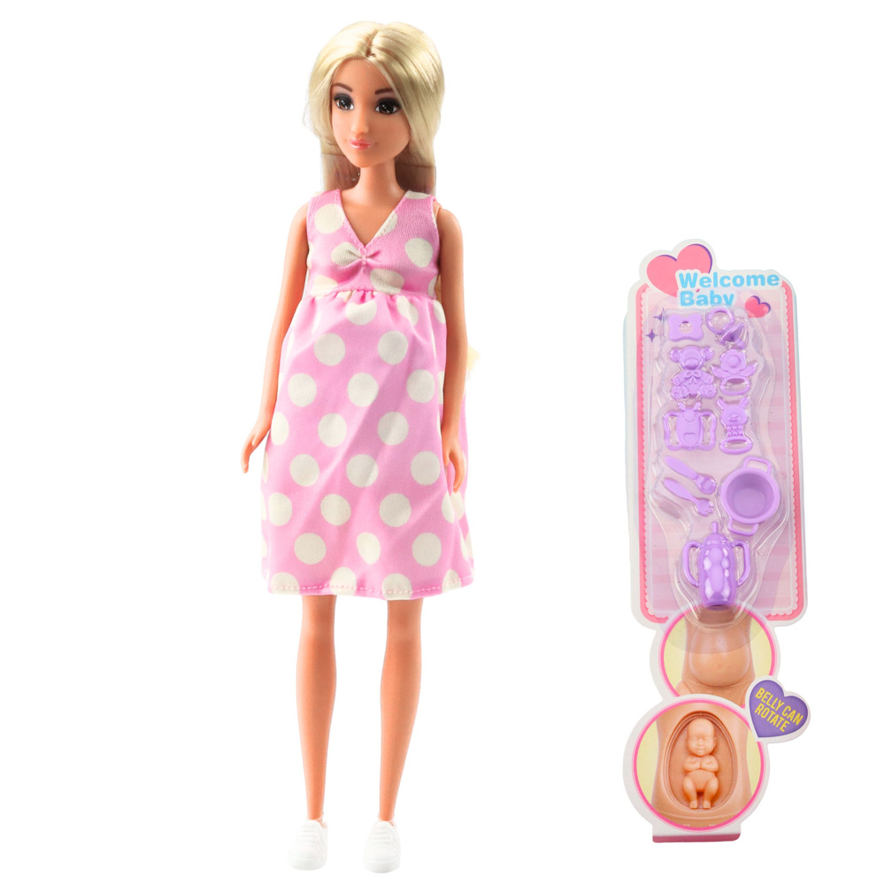 Panenka těhotná LEAN Toys v růžových šatech s puntíky pro děti od 3 let — Detail šatů