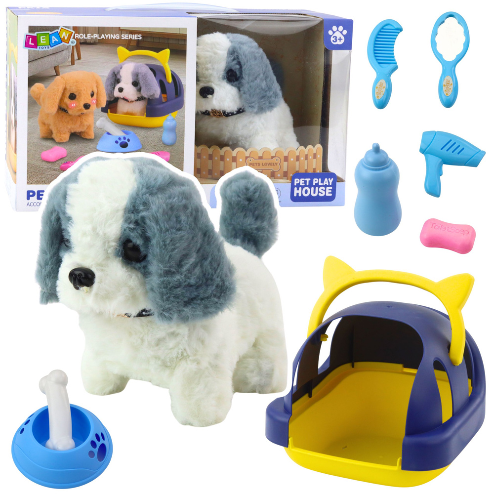Interaktivní pejsek LEAN Toys, šedobílý, chodí a štěká — Celkový pohled