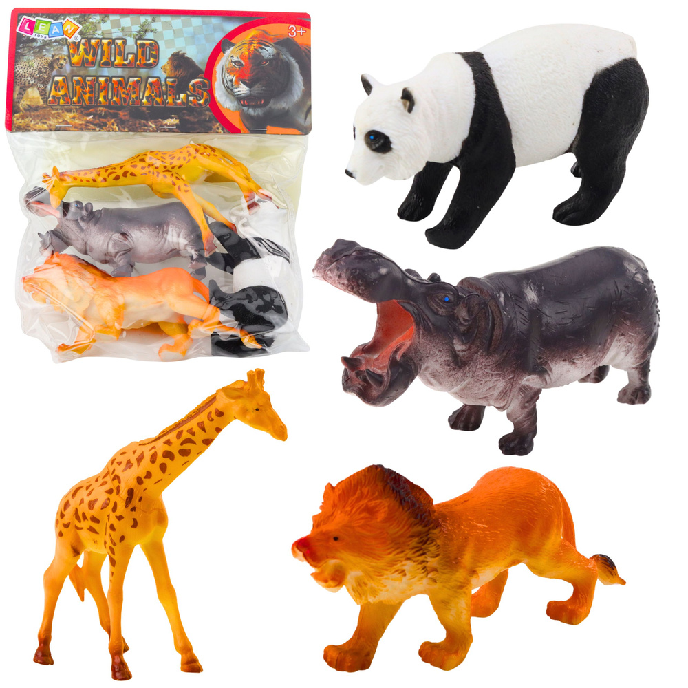 Safari zvířátka LEAN Toys - panda, žirafa, lev, hroch, 4 kusy — Celkový pohled