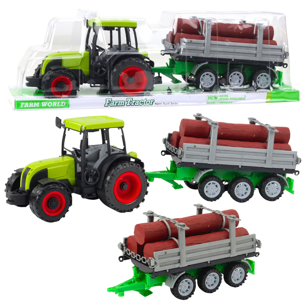 Traktor LEAN Toys s dřevěným přívěsem pro farmáře od 3 let — Celkový pohled