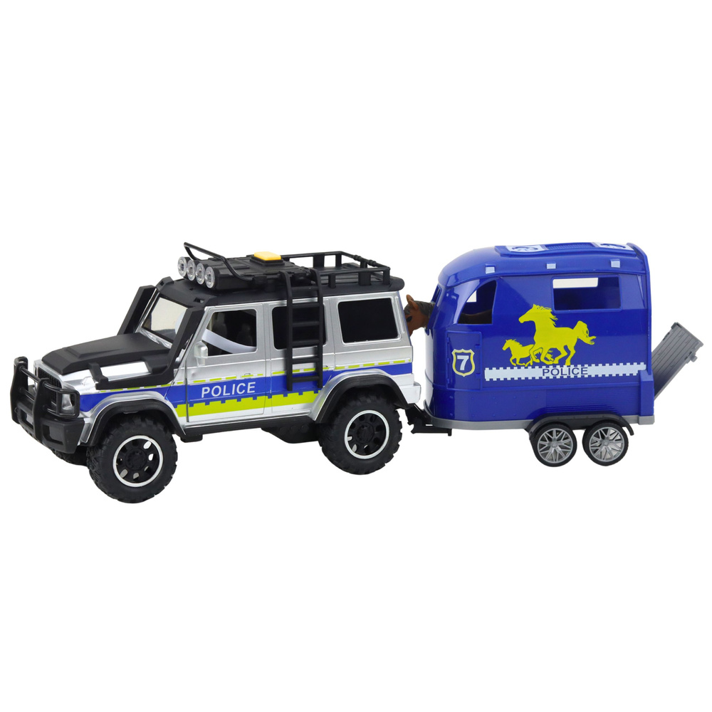 Policejní terénní vozidlo LEAN Toys s přívěsem na koně, +3 let, rozvoj motoriky — Detail vozidla