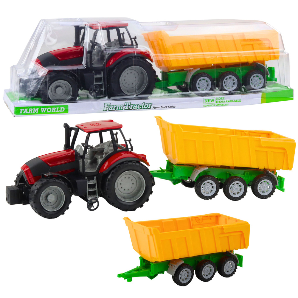 Poľnohospodársky traktor s prívesom, červený a žltý, 46 cm – realistická hračka pre deti