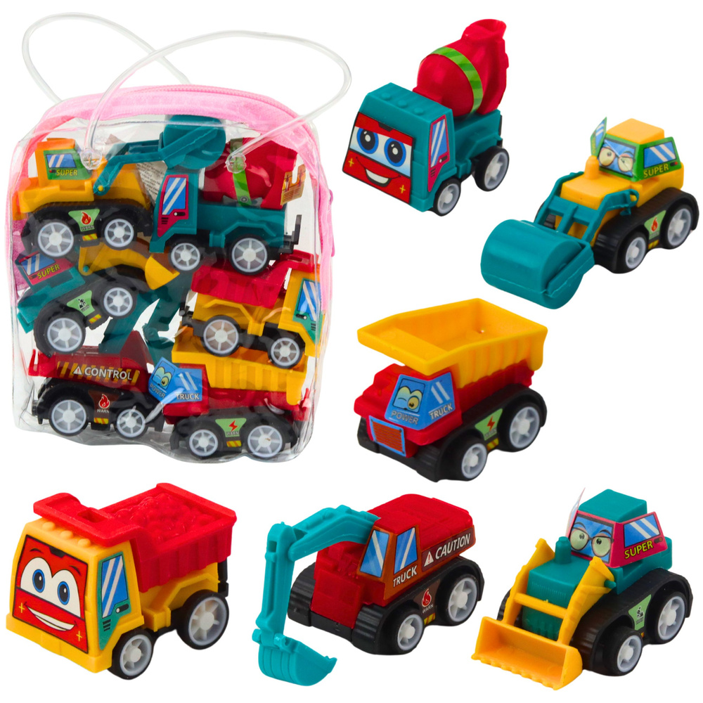 Stavební auta LEAN Toys s pull back mechanismem – 6 kusů v tašce — Celkový pohled