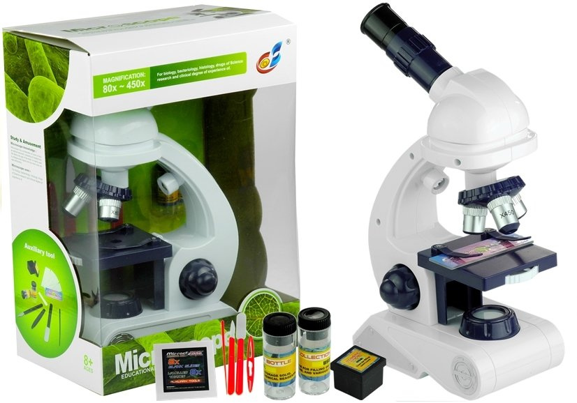 Dětský mikroskop LEAN Toys s příslušenstvím, zvětšení 80x–450x, od 3 let — Celkový pohled