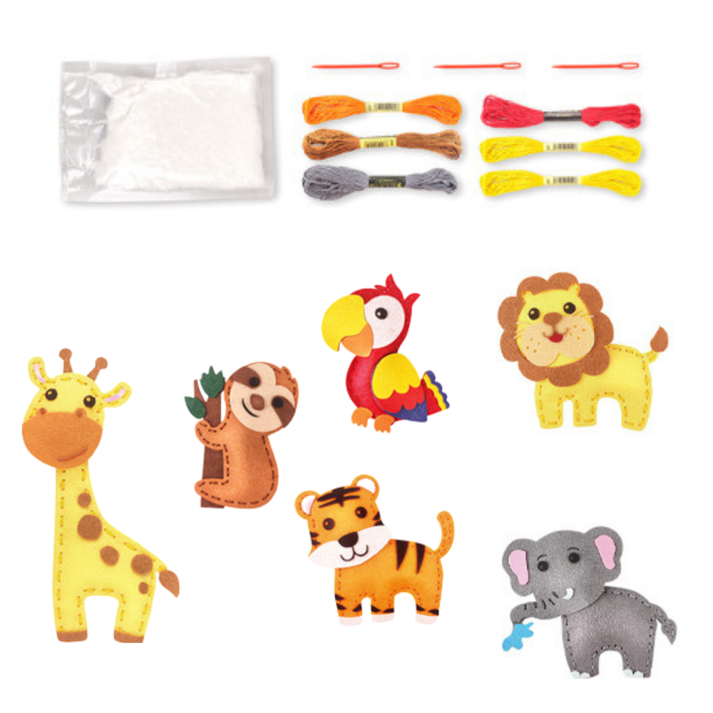 Kreativní sada šití Džungle LEAN Toys – 6 filcových zvířátek pro děti od 6 let — Detail