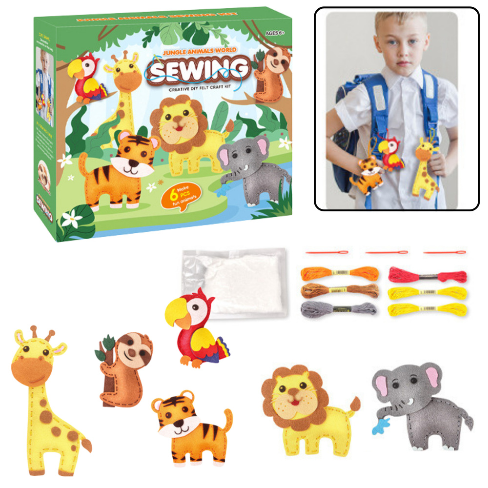 Kreativní sada šití Džungle LEAN Toys – 6 filcových zvířátek pro děti od 6 let — Celkový pohled