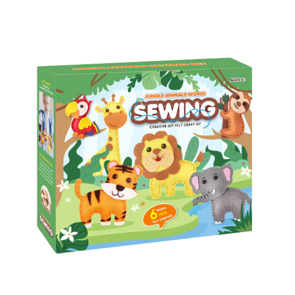 Kreativní sada šití Džungle LEAN Toys – 6 filcových zvířátek pro děti od 6 let — V provozu