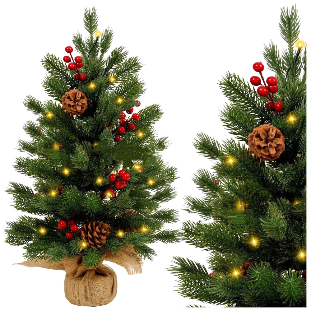 Vánoční LED stromek dekorativní 60 cm, červená jarabina, jutový podstavec — Celkový pohled