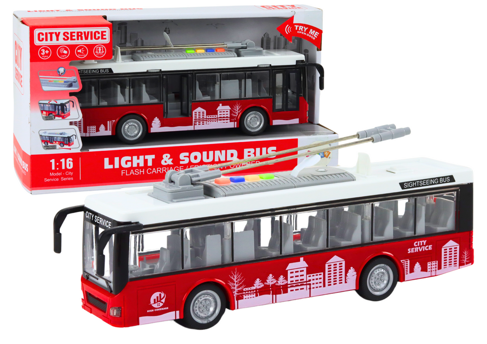 Realistický Trolejbus 1:16 s Efekty - Bílo-Červený, Pro Děti od 3 Let