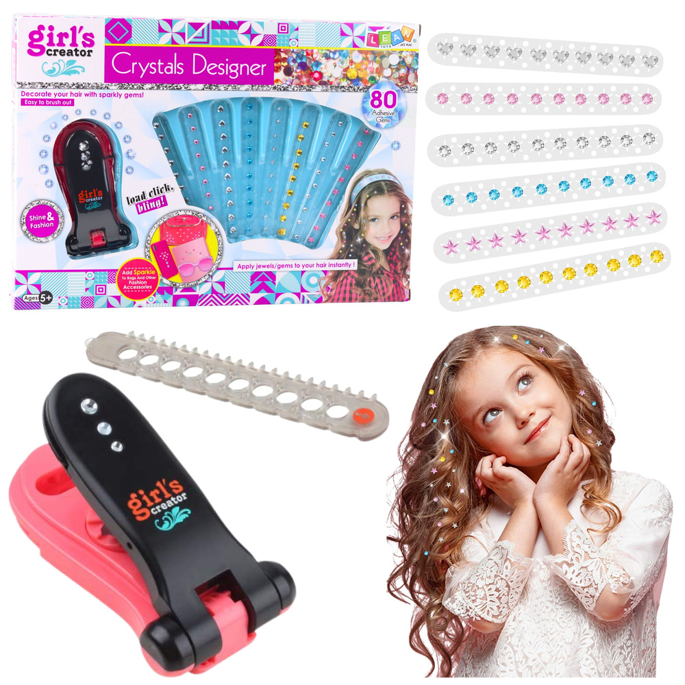 Diamantová sada na dekorování vlasů LEAN Toys s 80 krystaly pro dívky od 3 let — Celkový pohled
