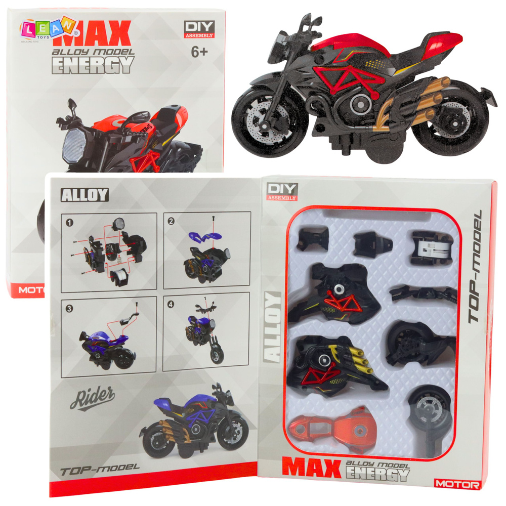 Stavebnicový motocykel v mierke 1:14, čierno-červený model na vlastnú montáž