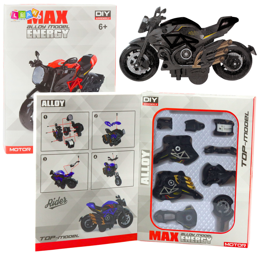 Kovový model motocykla na zostavenie 1:14 so zlatými detailmi – elegantný čierny dizajn