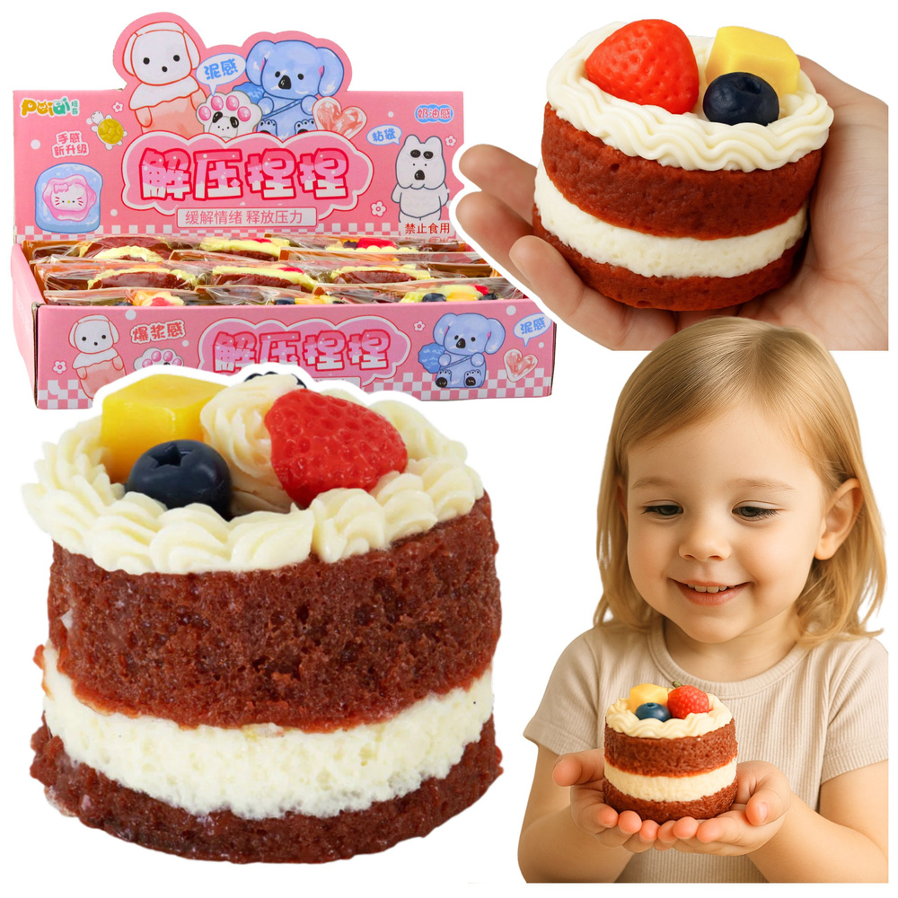 Elastický gniotek ve tvaru dortu s ovocem LEAN Toys, antistresová hračka pro děti od 3 let — Celkový pohled