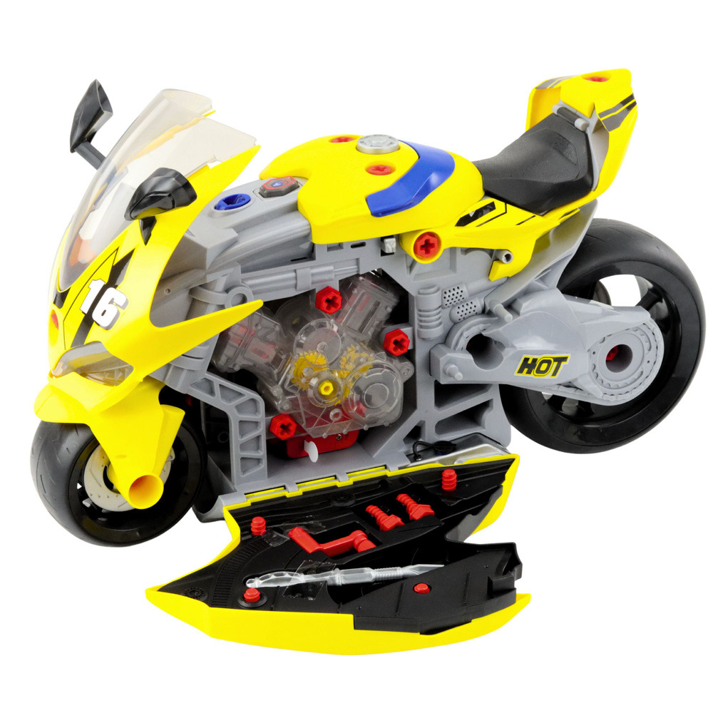 Dětský interaktivní motocykl 2v1 s efekty světla, zvuku a dýmu - Žlutý, 43 cm — V provozu