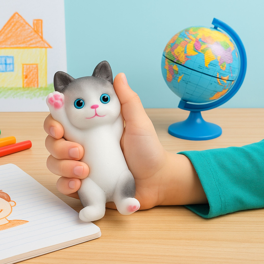 Silikonová antistresová hračka LEAN Toys, kočka bílá-šedá, 13 x 6,5 cm, pro děti od 3 let — V provozu