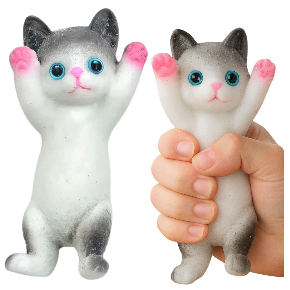 Silikonová antistresová hračka LEAN Toys, kočka bílá-šedá, 13 x 6,5 cm, pro děti od 3 let — Celkový pohled