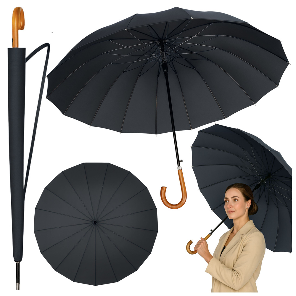 Automatický veľký čierny slnečník 115 cm s 24 rebrami a puzdrom na rameno
