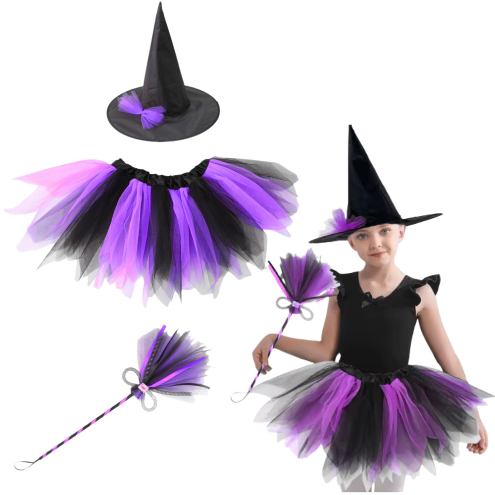 Dívčí kouzelnický kostým s kloboukem a koštětem - fialovo-černý set pro maškarní a Halloween