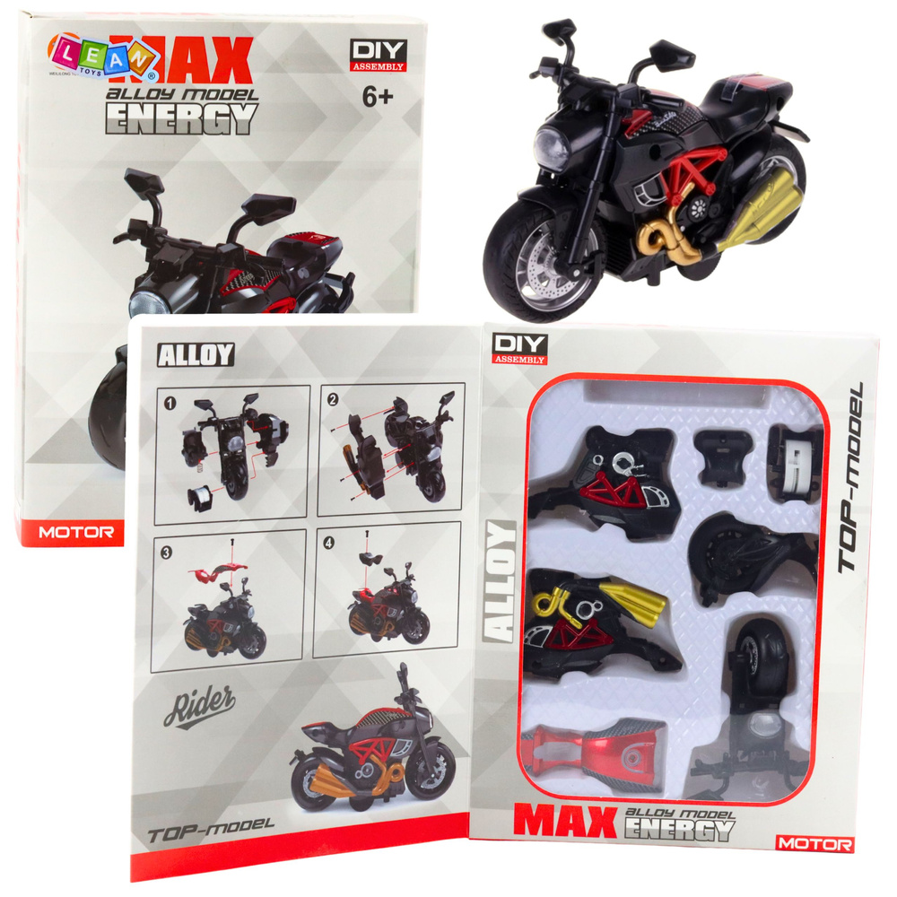 DIY červená motorka v mierke 1:14 z kovových a plastových dielov