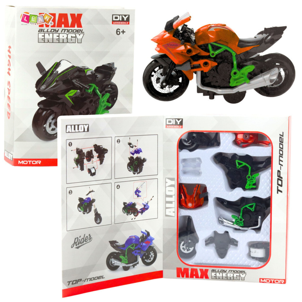 Kovový model motocykla na zostavenie 1:14 – oranžovo-zelený
