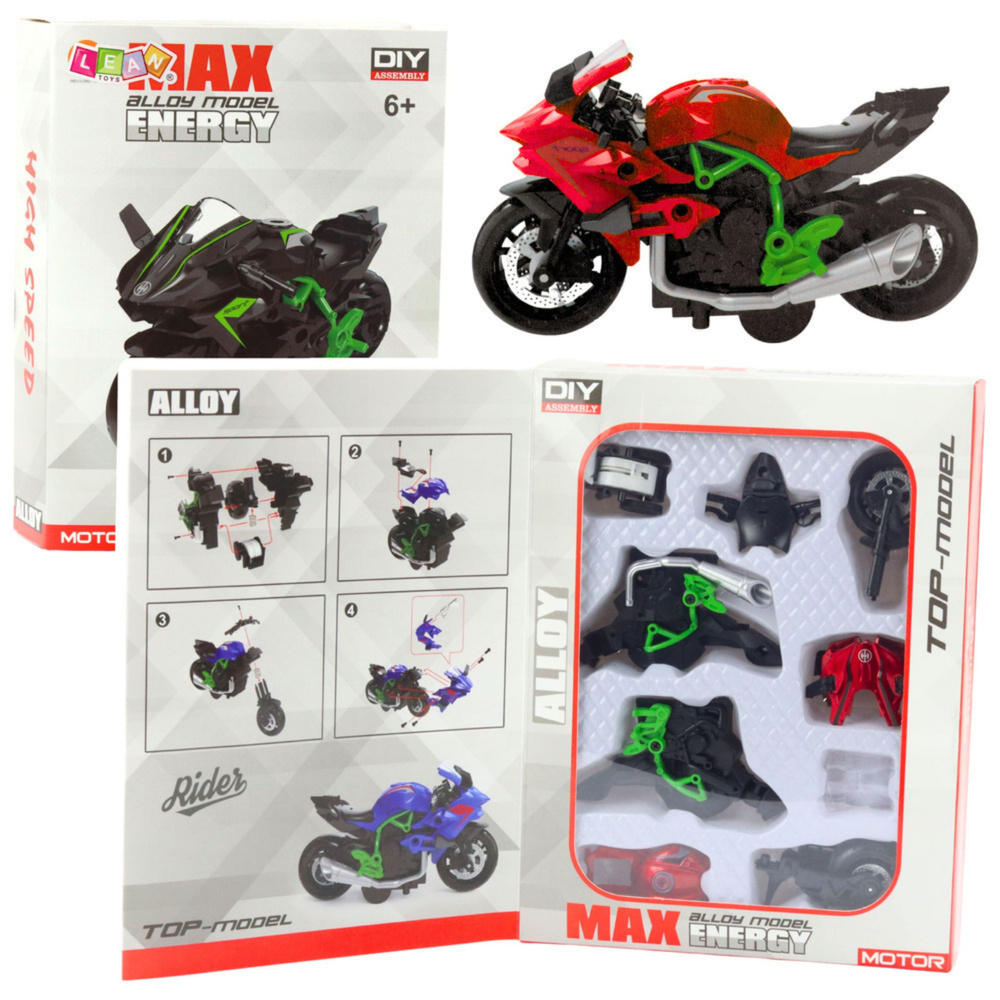 DIY kovový model motocykla v mierke 1:14, zeleno-červený