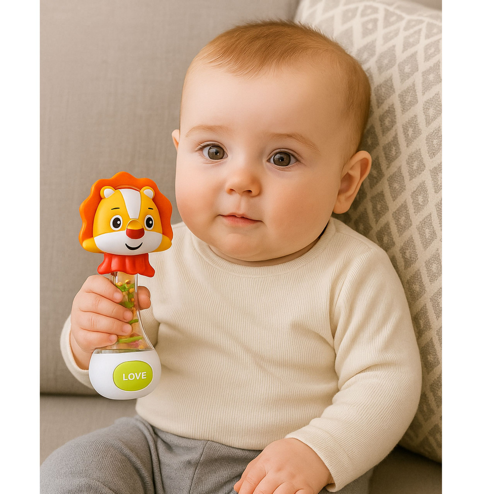 Grzechotka LEAN Toys s barevnými kuličkami pro děti od 3 měsíců, rozměry 12 x 7 x 22 cm — V provozu