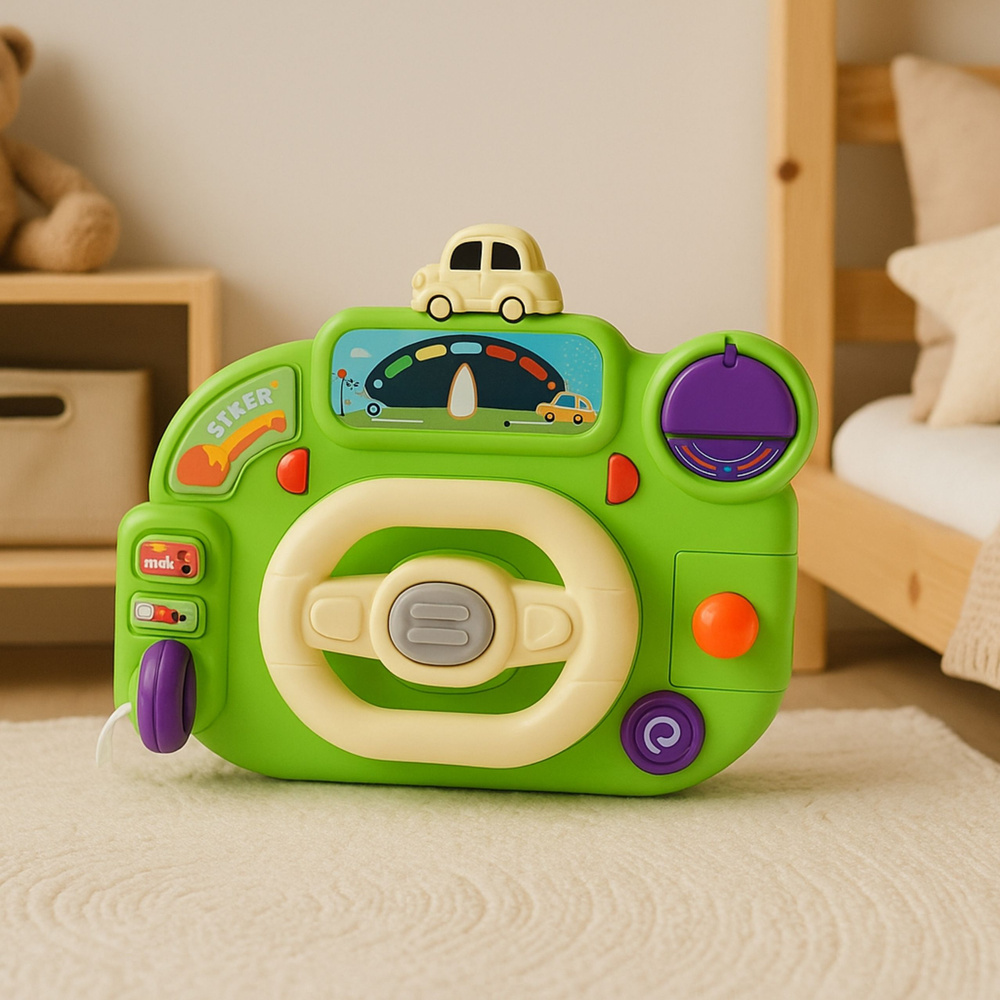 Interaktivní dětský volant zelený LEAN Toys se světly a zvuky — V provozu