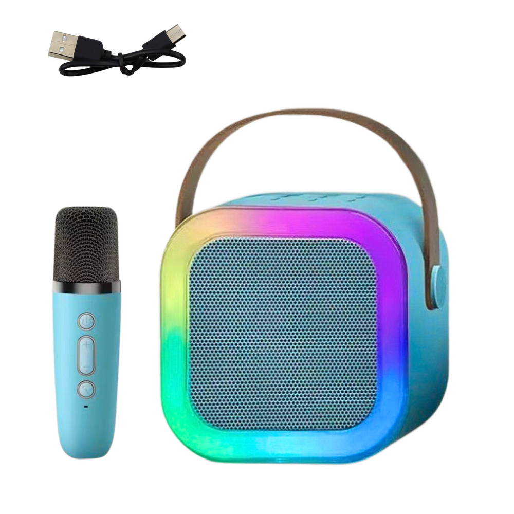 Karaoke sada reproduktor, mikrofon bezdrátový K12 RGB Bluetooth modrý — V provozu