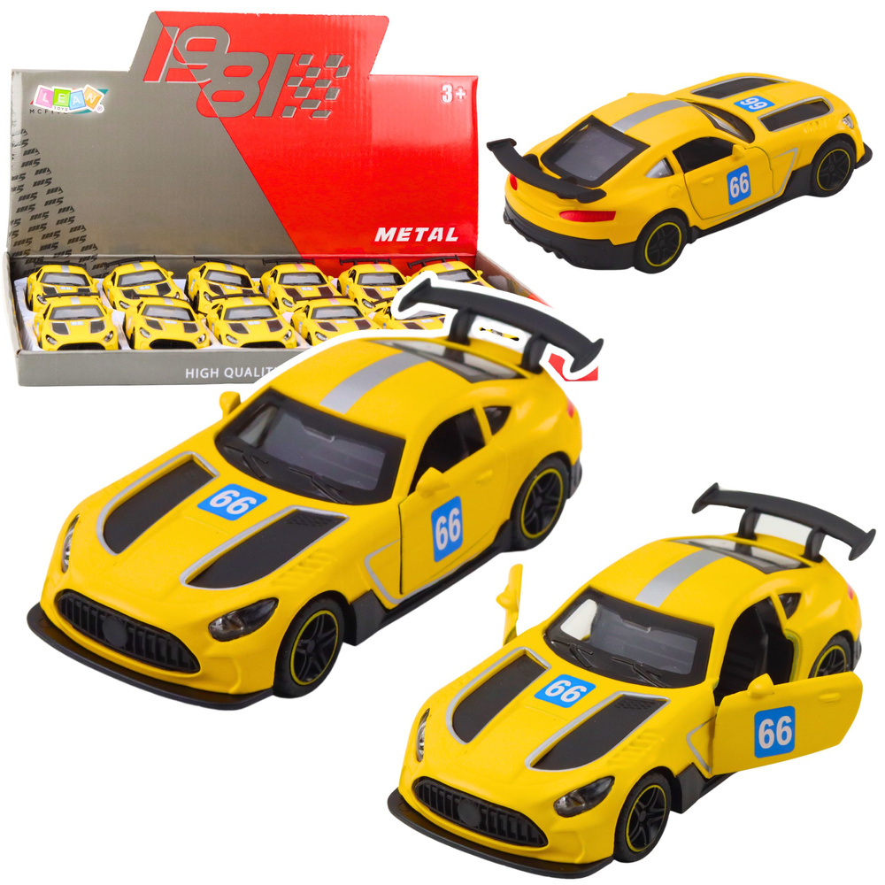Kovové pretekárske autíčko v mierke 1:43, žlté, s otvárateľnými dverami a mechanizmom pull-back