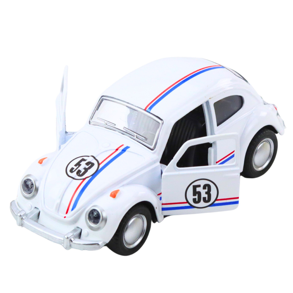 Kovový model auta LEAN Toys Garbus 1:32 bílý s otevíracími dveřmi a pohonem pull back, +3 let — V provozu